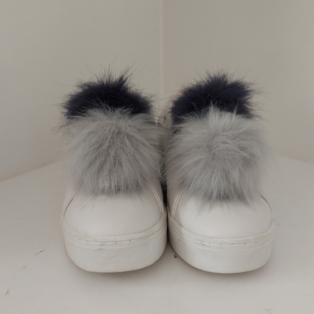 Sam Edelman White Sneakers with Gray and Blue Fur Pom Poms